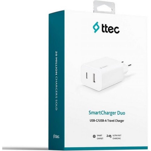 Мережевий зарядний пристрій Ttec SmartCharger Duo, USB Type-C/USB Type-A, 2.4А, 12W, White (2SCS25B)