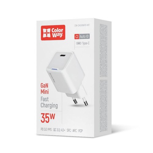 Мережевий зарядний пристрій ColorWay GaN Mini, USB Type-C, 35W PD, PPS, White (CW-CHS056PD-WT)