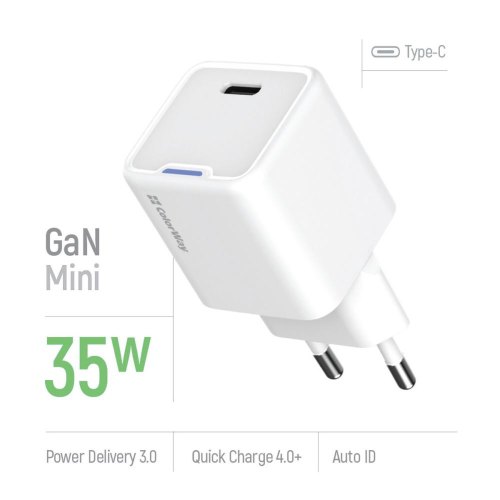 Мережевий зарядний пристрій ColorWay GaN Mini, USB Type-C, 35W PD, PPS, White (CW-CHS056PD-WT)