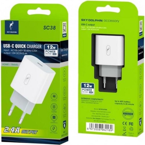 Мережевий зарядний пристрій SkyDolphin SC38T, USB Type-C, 2.4A, White (SDMZP-000181)