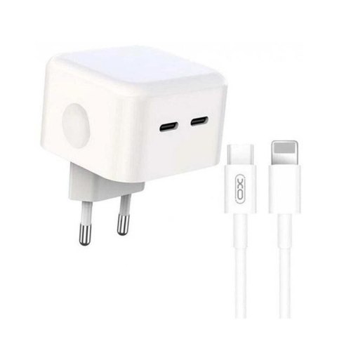 Мережевий зарядний пристрій XO L102, 2xUSB Type-C, 3A, QC 3.0, кабель Usb Type-C to Lightning White (XO-L102i-WH)
