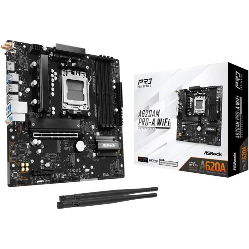Mатеринська плата ASRock A620AM PRO-A WIFI, sAM5, AMD A620A, mATX, 4xDDR5, 3xM.2, HDMI, 2.5GbE LAN, Wi-Fi