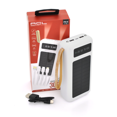 Зовнішній акумулятор Powerbank ACL PW-61, 30000mAh, SOLAR, USB Type-C/Lightning/Micro USB/USB Type-A, White, Box