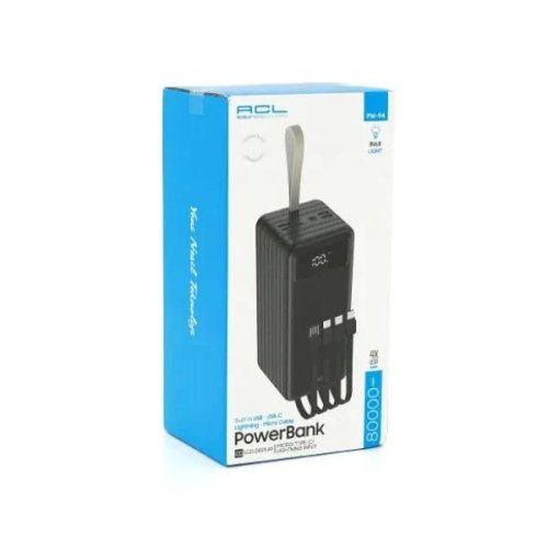 Зовнішній акумулятор Powerbank ACL PW-94, 80000mAh, 4xUSB Type-A, 4 кабелі (USB Type-A/Micro USB/USB Type-C/Lightning), Black, Box
