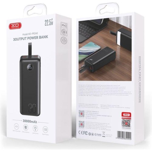 Зовнішній акумулятор Powerbank XO PR240, 30000mAh, Black