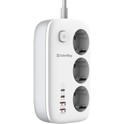 Мережевий фільтр ColorWay GaN3 Pro, 3 розетки, 2xUSB Type-A/2xUSB Type-C, PD 65W, 2м, White (CW-CHE34PDW)