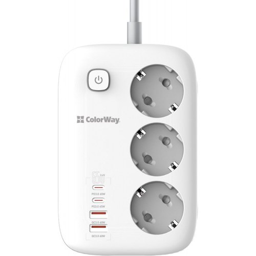 Мережевий фільтр ColorWay GaN3 Pro, 3 розетки, 2xUSB Type-A/2xUSB Type-C, PD 65W, 2м, White (CW-CHE34PDW)