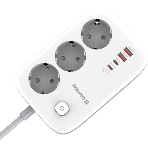 Мережевий фільтр ColorWay GaN3 Pro, 3 розетки, 2xUSB Type-A/2xUSB Type-C, PD 65W, 2м, White (CW-CHE34PDW)