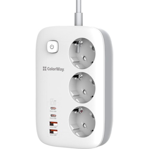 Мережевий фільтр ColorWay GaN3 Pro, 3 розетки, 2xUSB Type-A/2xUSB Type-C, PD 65W, 2м, White (CW-CHE34PDW)