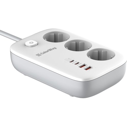 Мережевий фільтр ColorWay GaN3 Pro, 3 розетки, 2xUSB Type-A/2xUSB Type-C, PD 65W, 2м, White (CW-CHE34PDW)