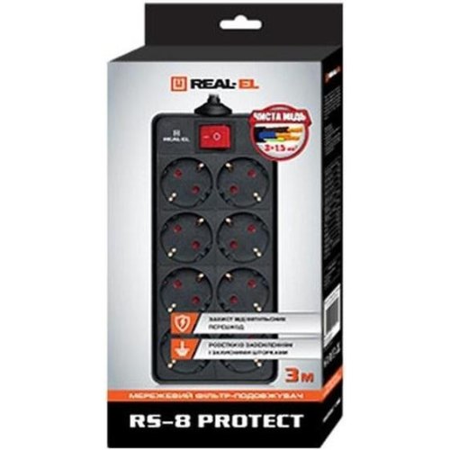 Мережевий фільтр REAL-EL RS-8 Protect, 8 розеток, 1.8м, Black (EL122300021)