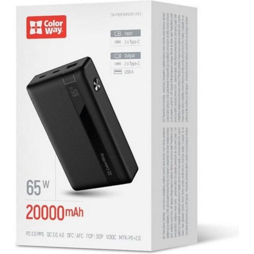 Зовнішній акумулятор Powerbank ColorWay Powerful, 20000mAh, Black (CW-PB200LPA3BK-PDD)