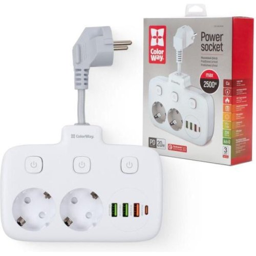 Мережевий фільтр ColorWay, 2 розетки, USB Type-C/3xUSB Type-A, 2.5cм, White (CW-CHE24PDW)