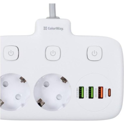 Мережевий фільтр ColorWay, 2 розетки, USB Type-C/3xUSB Type-A, 2.5cм, White (CW-CHE24PDW)