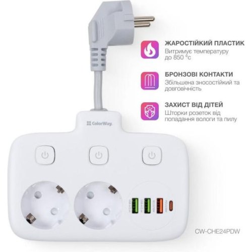 Мережевий фільтр ColorWay, 2 розетки, USB Type-C/3xUSB Type-A, 2.5cм, White (CW-CHE24PDW)
