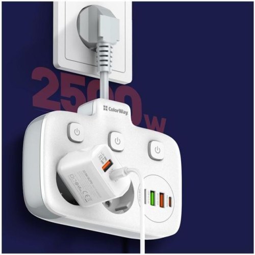 Мережевий фільтр ColorWay, 2 розетки, USB Type-C/3xUSB Type-A, 2.5cм, White (CW-CHE24PDW)