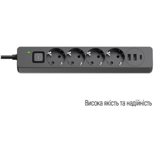 Мережевий фільтр ColorWay, 4 розетки, USB Type-C/2xUSB Type-A, 24W, 2м, Black (CW-CHE435PDB)