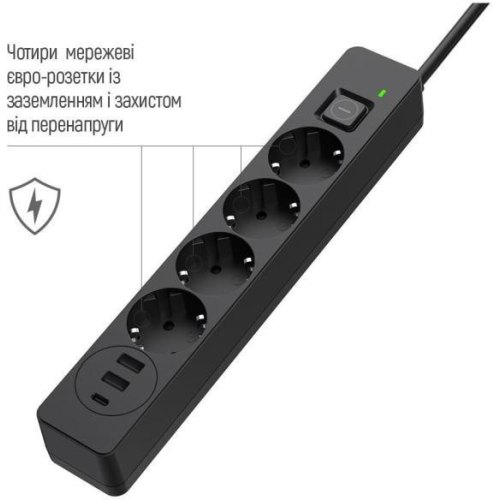 Мережевий фільтр ColorWay, 4 розетки, USB Type-C/2xUSB Type-A, 24W, 2м, Black (CW-CHE435PDB)