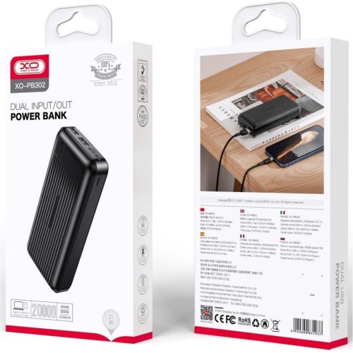 Зовнішній акумулятор Powerbank XO PB302, 20000mAh, Black