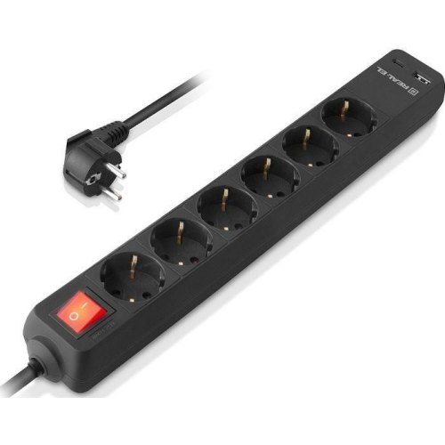Мережевий фільтр REAL-EL RS-Protect 605, 6 розеток, USB Type-A/USB Type-C, 3м, Black (EL122300041)