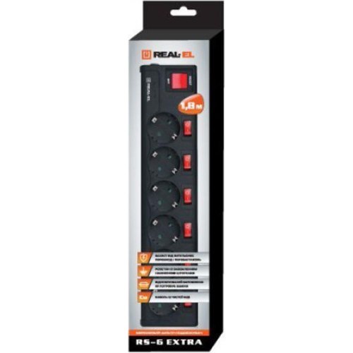 Мережевий фільтр REAL-EL RS-6 Extra, 6 розеток, 1.8м, Black (EL122300001)