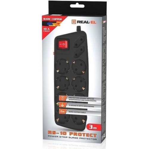 Мережевий фільтр REAL-EL RS-10 Protect, 10 розеток, 3м, Black (EL122300039)