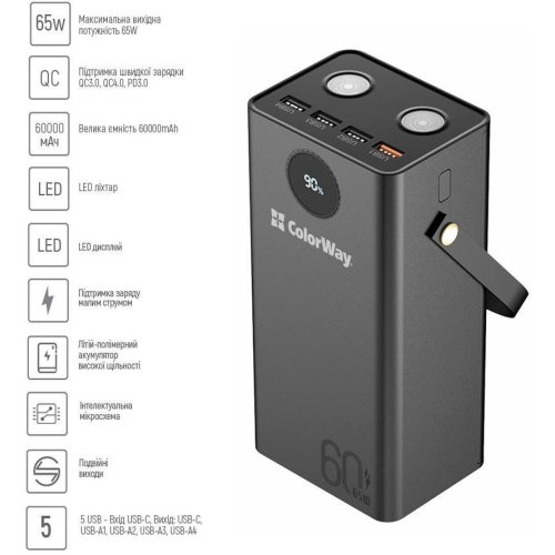 Зовнішній акумулятор Powerbank ColorWay Powerful, 60000mAh, Black (CW-PB600LPA5BK-PDD)