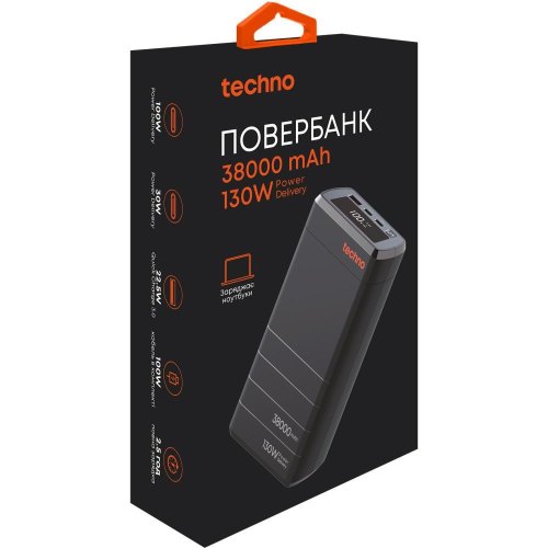 Зовнішній акумулятор Powerbank Techno PDC130, 38000mAh, PD 130W, QC 3.0, Black