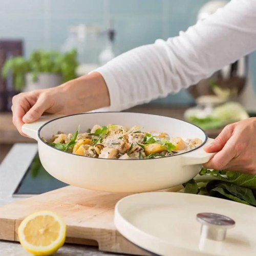 Сотейник чавунний KitchenAid, 26см, 2.77л, з кришкою, мигдальний крем (CC009010-001)