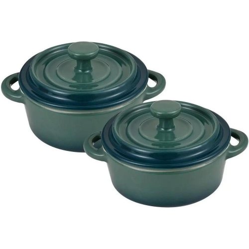 Набір міні-каструль для запікання Bergner Excalibur, кераміка, з кришками, круглі, 2шт, зелені (BG-13366-GR)