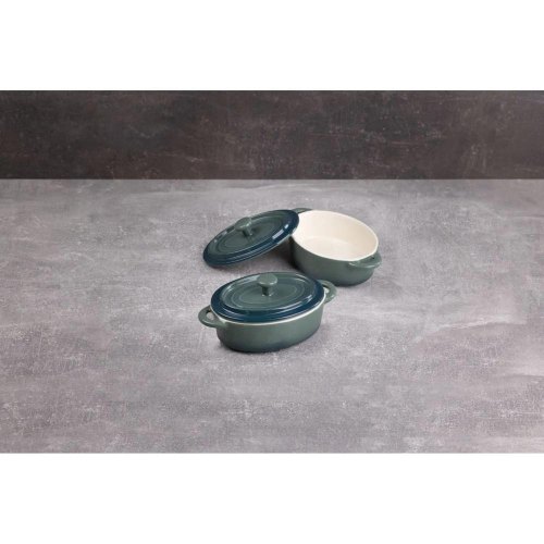 Набір міні-каструль для запікання Bergner Excalibur, кераміка, з кришками, овальні, 2шт, зелені (BG-13365-GR)