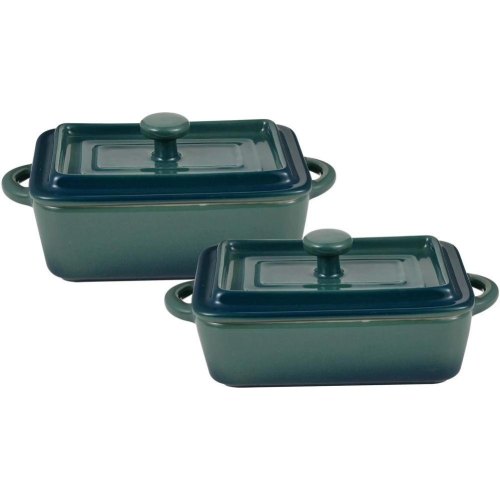 Набір міні-каструль для запікання Bergner Excalibur, кераміка, з кришками, прямокутні, 2шт, зелені (BG-13363-GR)