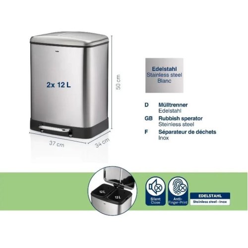 Відро для сміття KELA Davino, 2 відділення, 2х12л, з педаллю, сріблясте (10954)
