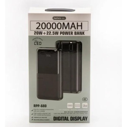 Зовнішній акумулятор PowerBank Remax RPP-680, 20000mAh, USB Type-A/USB Type-C/Lightning, 22.5W, Black