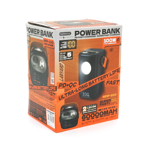 Зовнішній акумулятор PowerBank Remax RPP-100, 60000mAh, PD 100W, QC 22.5W, Blue LCD