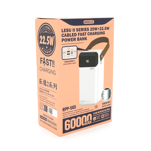 Зовнішній акумулятор PowerBank Remax RPP-565, 60000mAh, 2xUSB Type-A/USB Type-C/Lightning, QC/PD, 22.5W, Black/White