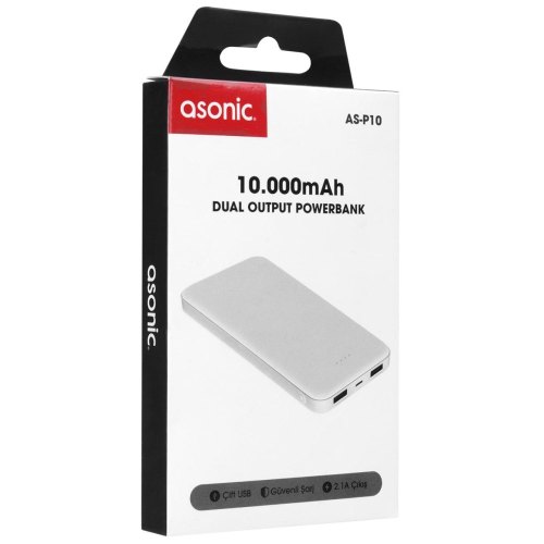 Зовнішній акумулятор Powerbank ASONIC AS-P10-W, 10000mAh, 2xUSB Type-A, White