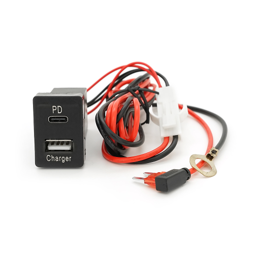 Автомобільний зарядний пристрій врізний Voltronic 38W-L01T03-С, PD+QC, Type-C 20W, USB 18W, комплект дротів з роз'ємами, Black