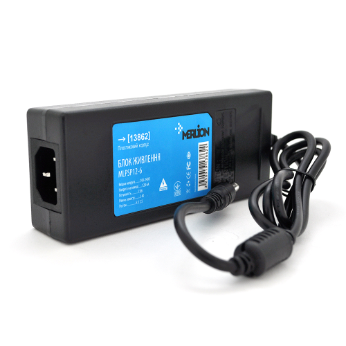 Імпульсний адаптер живлення Merlion MLPSP12-6, 12В, 6А, 72Вт, штекер 5.5x2.5, шнур живлення