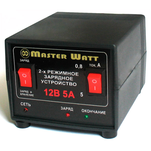 Зарядний пристрій для акумулятора Master Watt MW-AZU12, 12V, 4.5-100Ah, MF/WET/AGM/GEL, 180-245V, струм заряду режим 0.8А/5А, крокодили