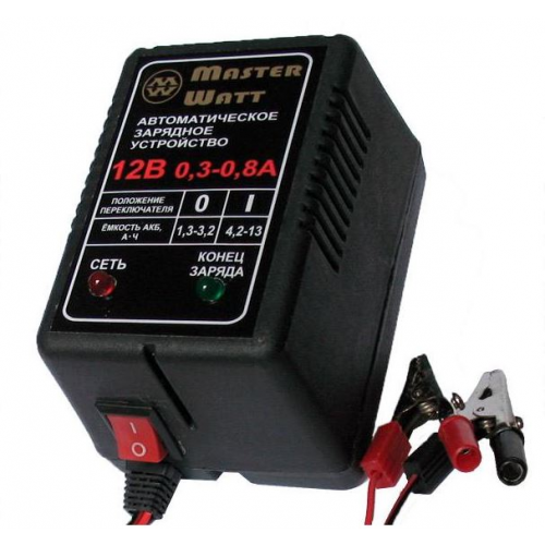 Зарядний пристрій для акумулятора Master Watt MW-AZU12, 12V, 1.3-13Ah, MF/WET/AGM/GEL/NICD/NIMH, 180-240V, струм заряду 0.3-0.8A, крокодили