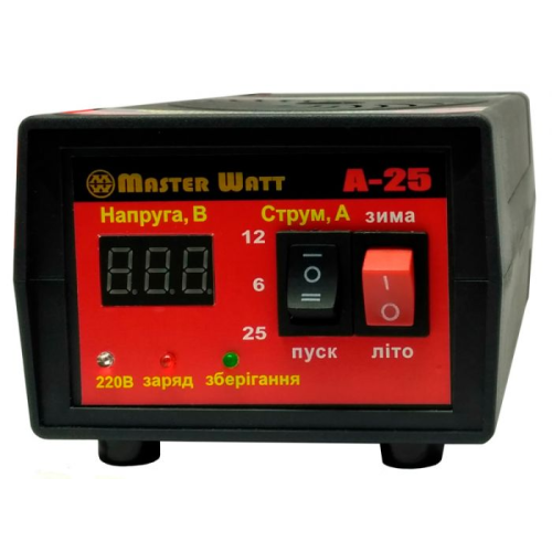 Зарядний пристрій для акумулятора Master Watt MW-AZU12, 12V, 30-300Ah, MF/WET/AGM/GEL, 160-240V, струм заряду 25А, напруга 14.7/15.4V