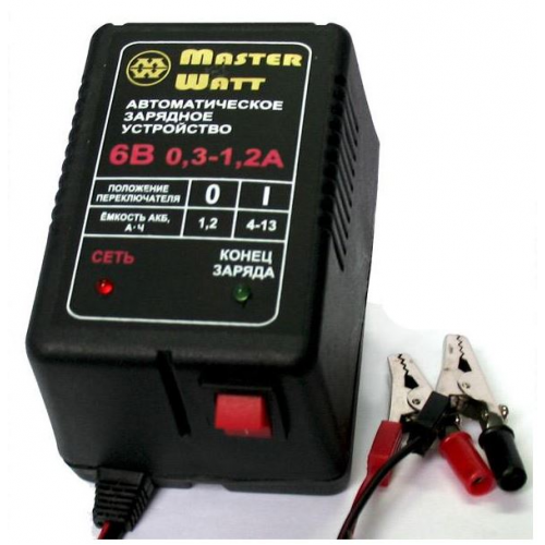 Зарядний пристрій для акумулятора Master Watt MW-AZU6, 6V, 1.3-13Ah, MF/WET/AGM/GEL/NICD/NIMH, 180-240V, струм заряду 0.3-1.2A, крокодили