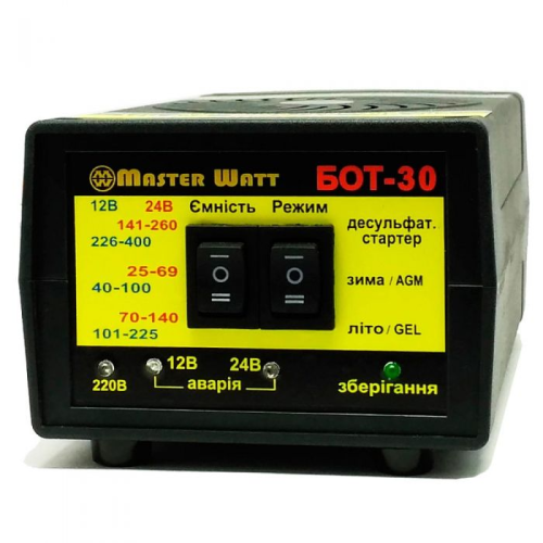 Зарядний пристрій для акумулятора Master Watt MW-BOT-30, 12/24V, 25-400Ah, MF/WET/AGM/GEL, 160-245V, струм заряду 20А, з функцією пуску