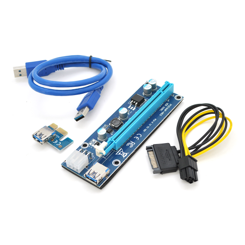 Райзер Voltronic, PCI-EX, x1 to x16, 6-pin, SATA to 6-pin, USB 3.0 Type-A (M) to USB Type-A (M), 0.6м (синій), конденсатори 270, Пакет