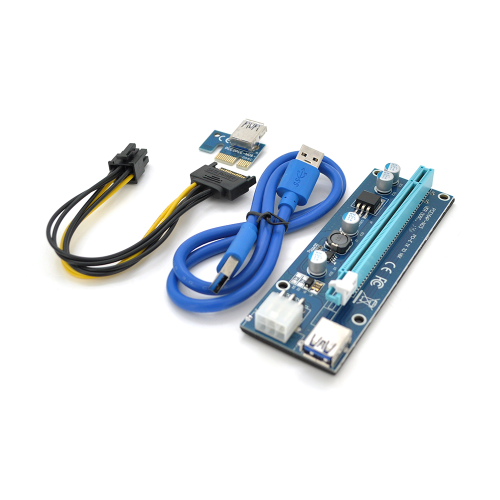 Riser PCI-EX, x1=&gt;x16, 6-pin, SATA=&gt;6Pin, USB 3.0 AM-AM 0,6 м (синій), конденсатори FP5K, Пакет