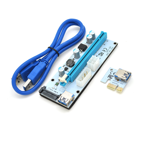 Riser PCI-EX, x1 =&gt; x16, 4-pin / 6-pin / Sata, USB 3.0 AM-AM 0,6 м (синій), конденсатори 270, White, Пакет