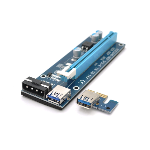 Riser PCI-EX, x1 =&gt; x16, 4-pin MOLEX, SATA =&gt; 4Pin, USB 3.0 AM-AM 0,6 м (синій), конденсатори F270, Пакет