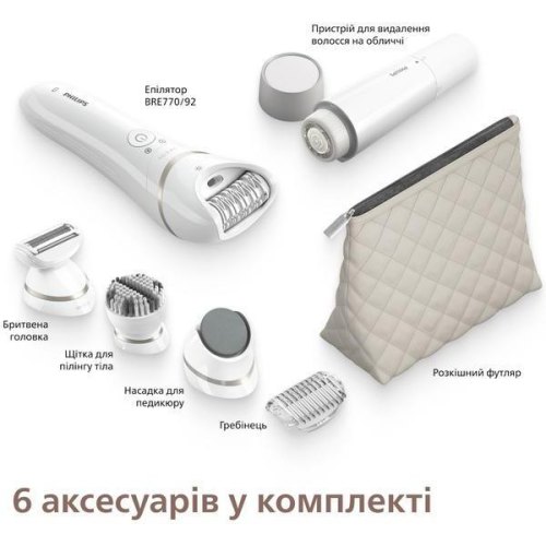 Епілятор дисковий Philips Series 9000, акумулятор, 32 пінцети, волога/суха епіляція, 6 насадок, футляр, білий (BRE770/92)
