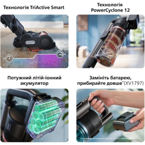 Пилосос бездротовий Philips Complete Series 8000, вологе прибирання, контейнер 0.6л, робота до 30хв, чорно-блакитний (XC8157/01)